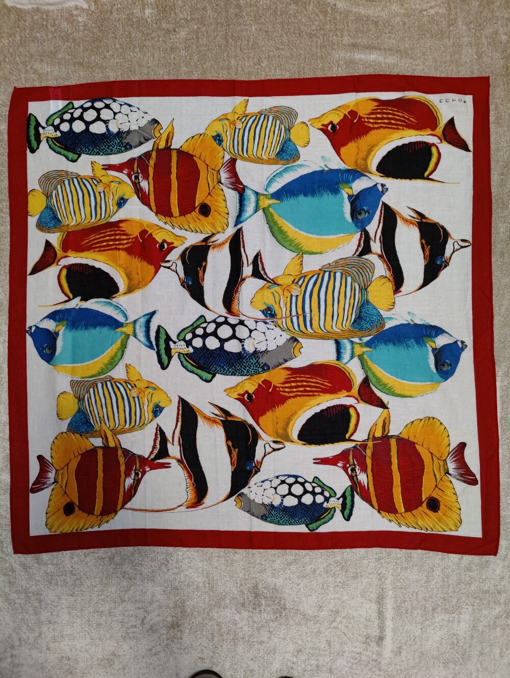 Like New Vintage Echo Tropical Fish Print Cotton Lawn Scarf Made In Japan